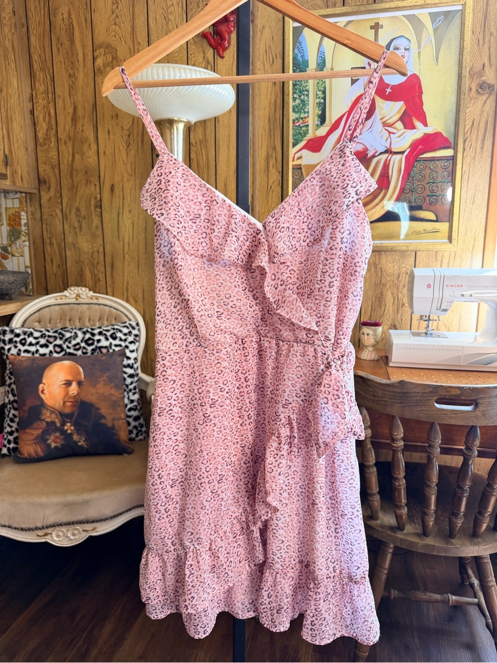 Just the Girl Pink Leopard-Print Ruffle Mini Dress